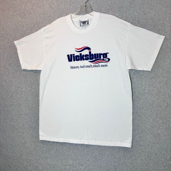 Vintage Lee Total Cotton Mens VICKSBURO print logo white T-Shirt Size large - Picture 1 of 11